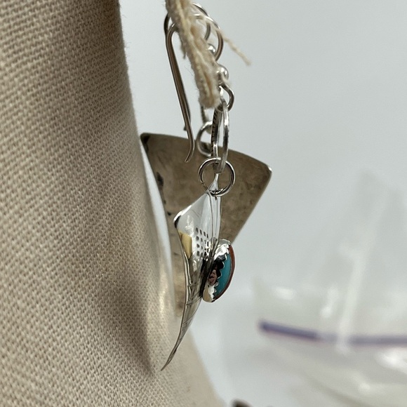 90's Handmade Sterling Silver Sail-Inspired Earrings with Multicolored Inlay - Picture 10 of 17